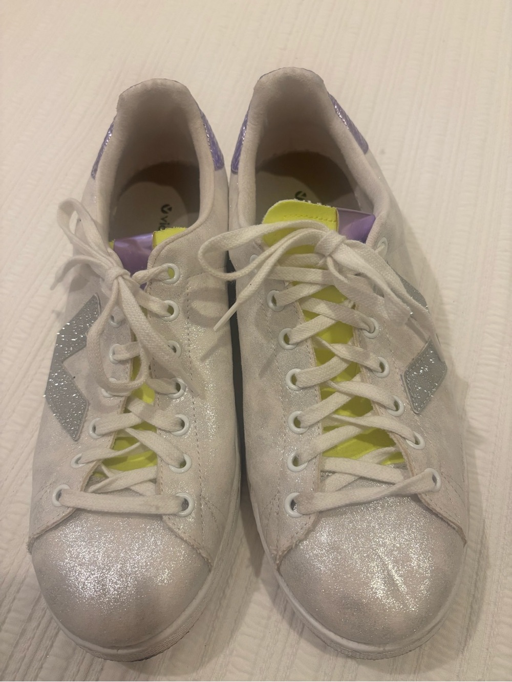 White Glitter Lace-Up Women's Sneakers with Silver Accents